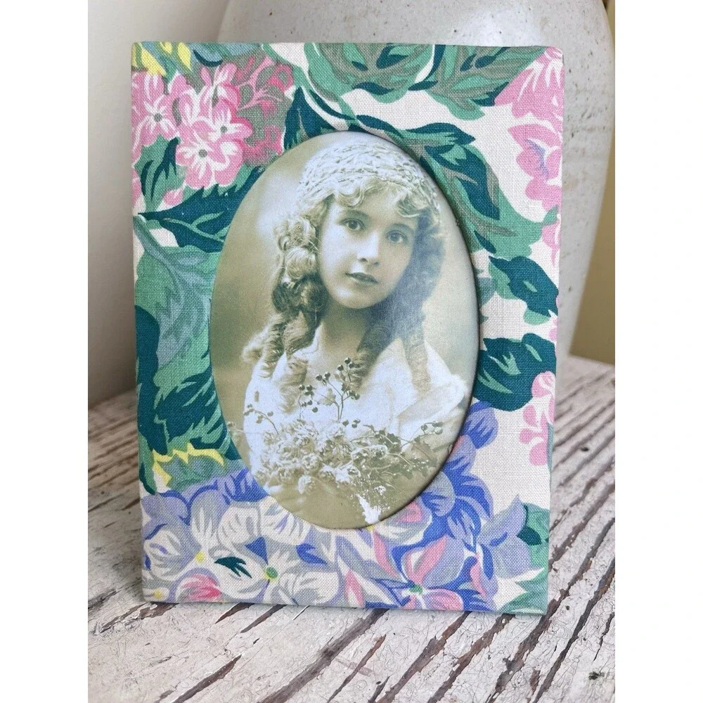 Vintage Shabby Chic Floral Fabric Frame 6.25” Cottage Charm